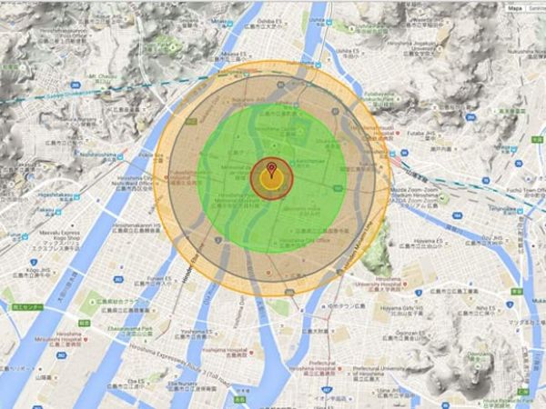 Simulao da bomba 'Litlle Boy' no site Nuke Map em Hiroshima. Bomba verdadeira matou, de imediato, 80 mil pessoas quando explodiu, em 1945