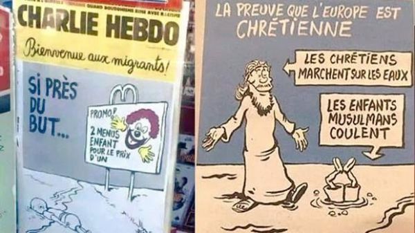 O jornal satrico francs Charlie Hebdo flertou com a polmica mais uma vez ao publicar charges que criticam a reao dos pases europeus predominantemente cristos  onda de imigrantes de zonas de guerra sobretudo muulmanas, como Sria e Iraque