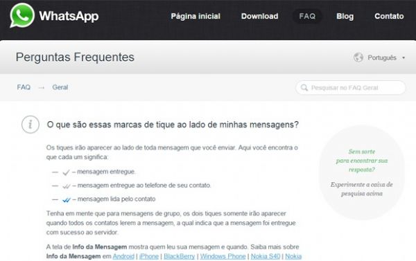 Pgina de perguntas frequentes no site do WhatsApp mostra funo que indica que mensagem foi lida