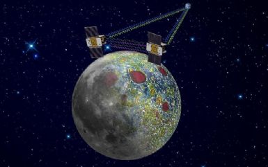 Ilustrao mostra como as sondas Grail vo mapear a gravidade lunar