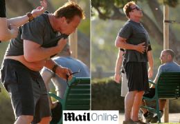 Arnold Schwarzenegger exibe barriga saliente durante tarde de exerccios