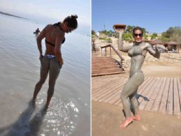 Com biquni micro, Mayra Cardi se besunta de lama no Mar Morto