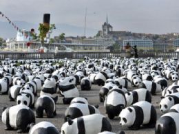 ONG espalha 1.600 bonecos de urso-panda em praa da Sua