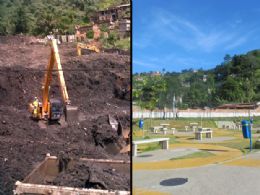  esquerda, retroescavaderias buscam copos na lama aps deslizamento no Morro do Bumba, em 2010;  direita, a nova praa construda no local