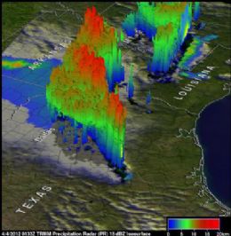 Tempestades captadas em 3D por sistema da Nasa na ltima tera-feira (3), por volta das 20h33, hora local, nos arredores de Dallas, nos Estados Unidos.