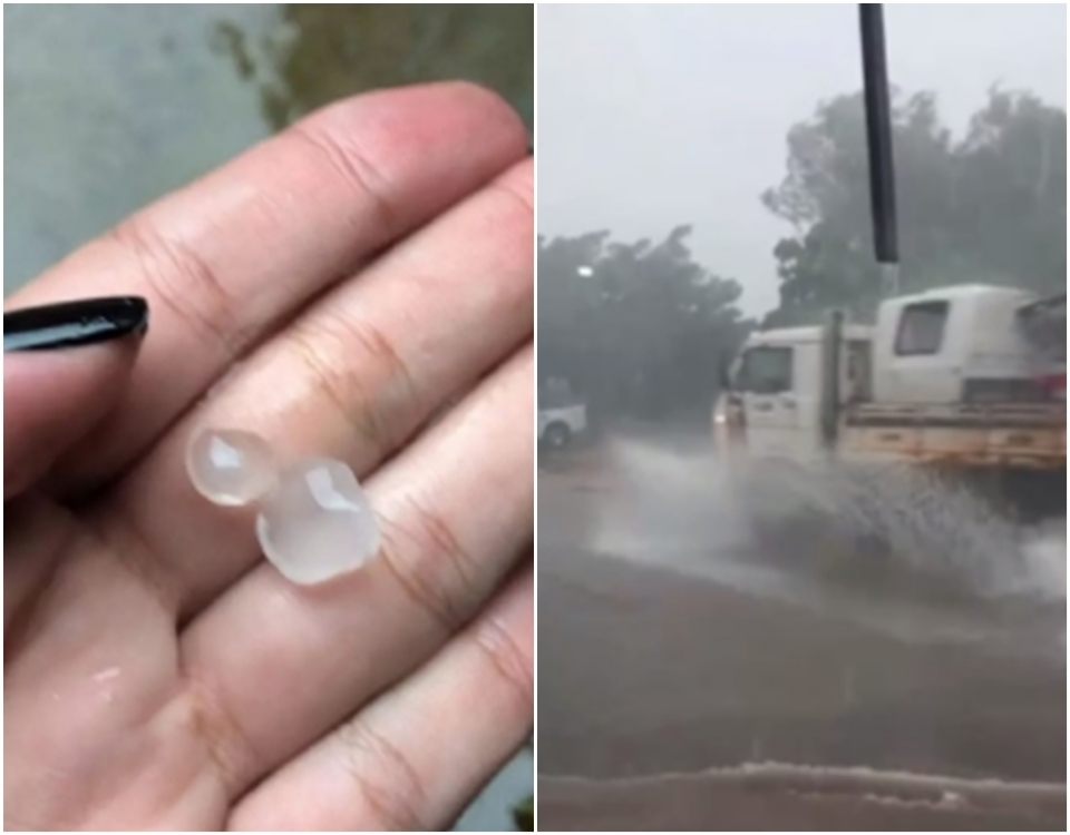 Moradores registram chuva de granizo e ruas alagadas em MT; veja vdeos