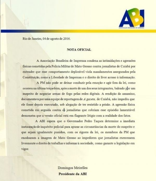 Documento oficial assinado pelo jornalista Domingos Meirelles, presidente da ABI