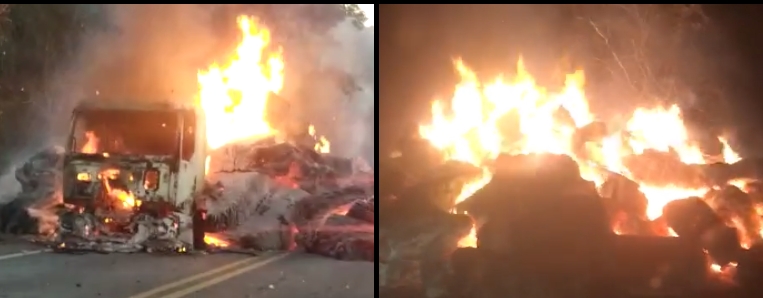 Caminho fica destrudo aps pegar fogo na Estrada da Guia; veja vdeos