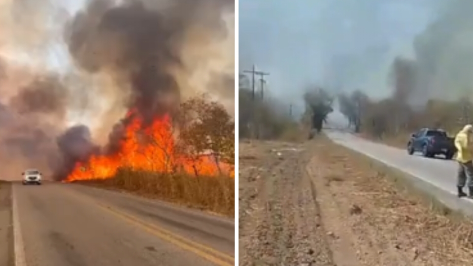 Incndio de grandes propores toma conta de vegetao na estrada de Chapada dos Guimares;  veja vdeo