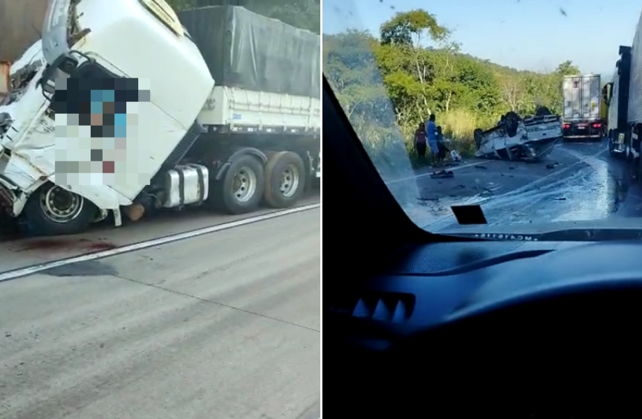 Motorista morre preso s ferragens em acidente com trs carretas e uma caminhonete na Serra de So Vicente