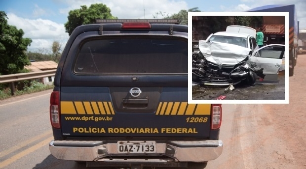 Idosa morre e neto fica em estado grave aps coliso frontal entre Voyage e carreta