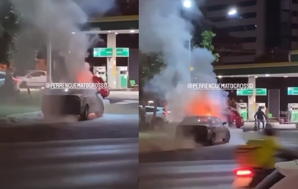 Corolla estacionado em posto de combustveis pega fogo na avenida do CPA;  veja vdeo 