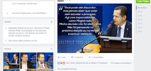 Valtenir Pereira utilizou o Facebook para esclareceu os motivos do seu voto, mas sofre ataques