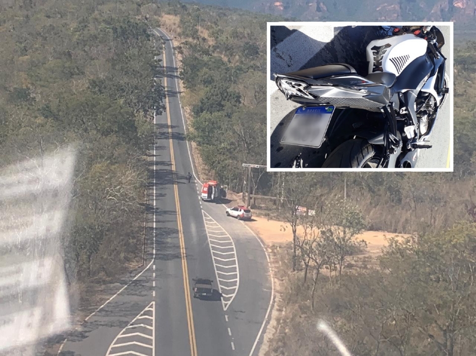 Motociclista  socorrido de helicptero aps acidente com Kawasaki Ninja na Estrada de Chapada