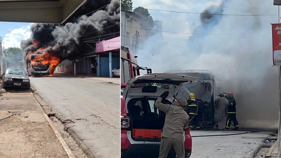 Fogo destri nibus do transporte coletivo em bairro de Cuiab; fotos e vdeo