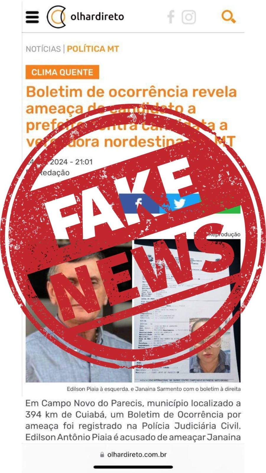 Print falso feito para propagar fake news