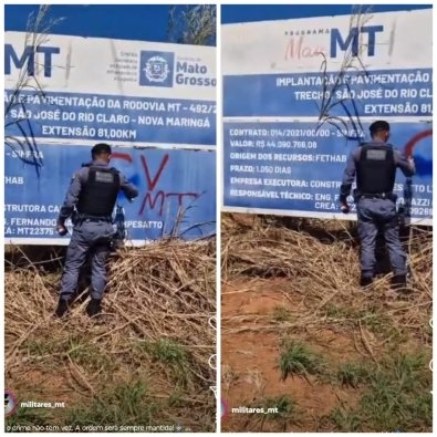 Policial  filmado pintando placa do governo para encobrir pichao do CV; assista