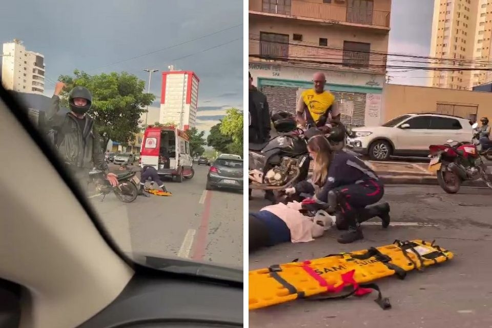 Mulher fica ferida aps acidente entre carro e moto na Avenida Miguel Sutil