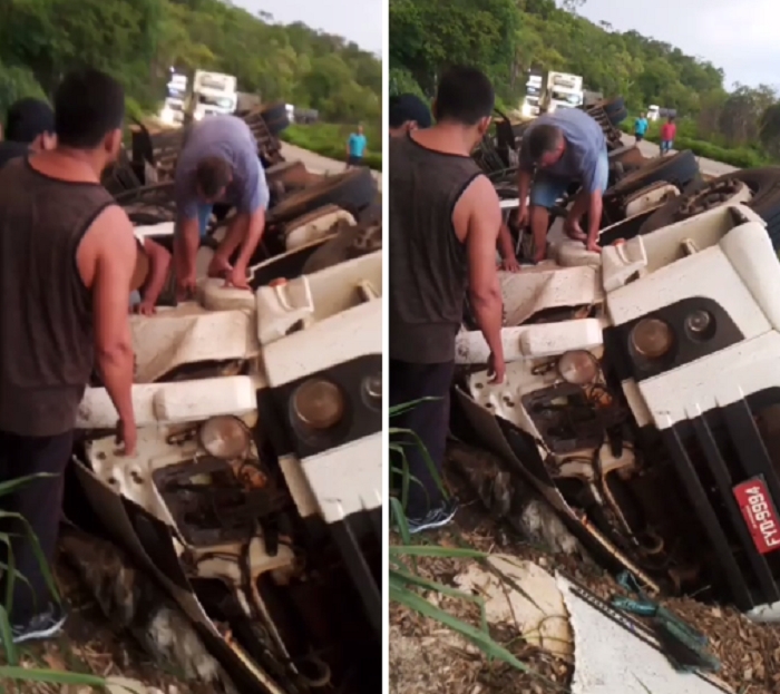 Motorista fica ferido aps carreta com carga viva tombar na Serra de So Vicente
