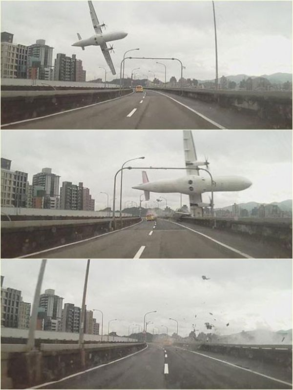 Imagens feitas por testemunha do acidente mostram o avio realizando uma manobra muito brusca sobre uma ponte e batendo na ponta do viaduto antes de cair no rio em Taiwan