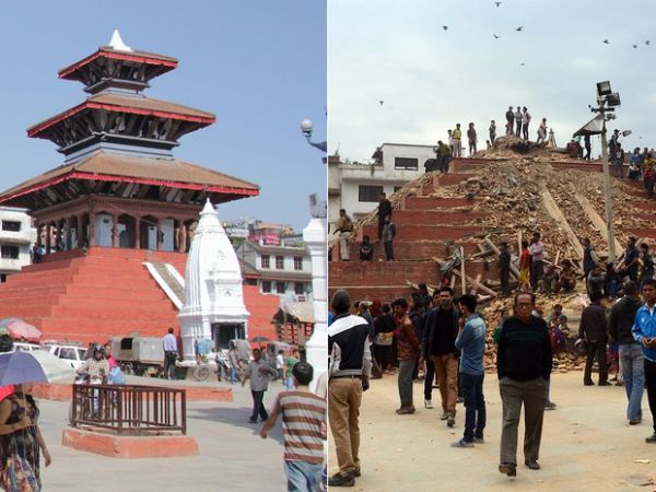 Fotos mostram Praa Durbar, em Katmandu, antes e depois do terremoto de 25 de abril: atrao  considerada patrimnio mundial pela Unesco