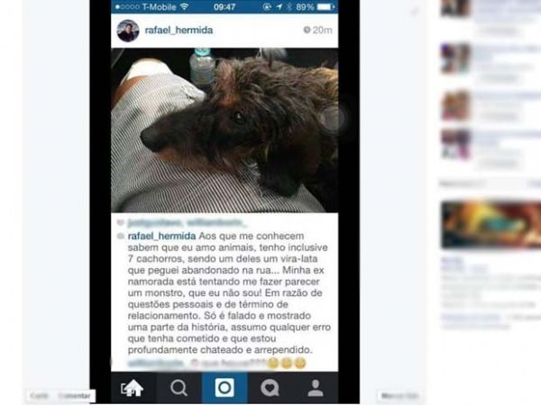 Rafael Hermida postou em uma rede social uma foto com um co e disse estar arrependido e muito chateado