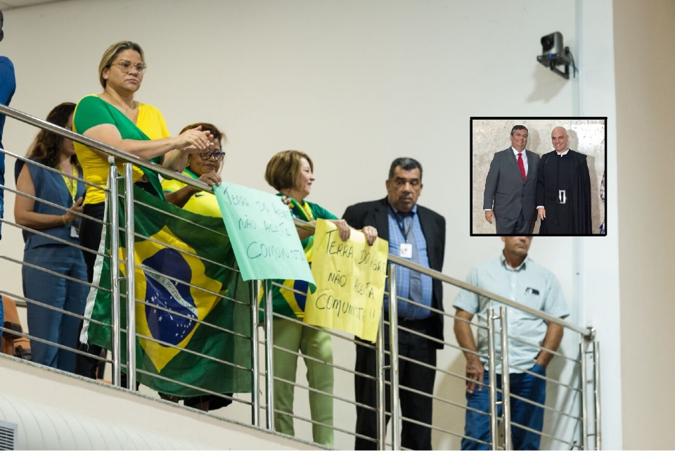 Bolsonaristas protestaram contra homenagem aos ministros Flvio Dino e Alexandre de Moares (no detalhe da foto)