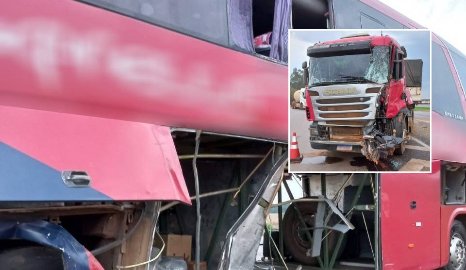Cabine de carreta fica destruda aps coliso com nibus em rodovia