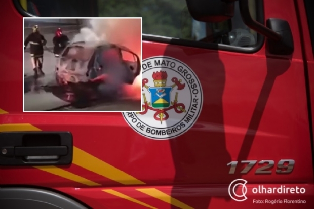 Carro  consumido pelo fogo aps acidente na Avenida Miguel Sutil; veja vdeos