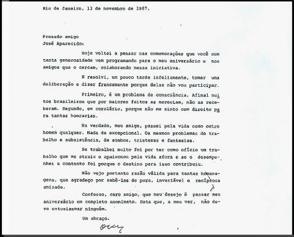 Em carta de 1987, Niemeyer recusa festa de aniversrio de 80 anos