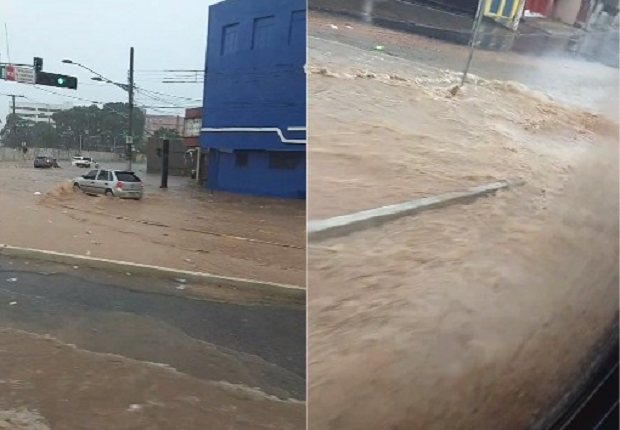 Chuva e vento forte transformam avenida em rio e crrego quase transborda em Cuiab;   vdeos 