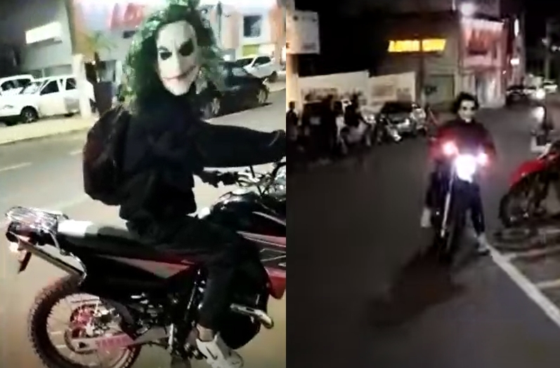 Com mscara do Coringa, motociclista empina por ruas de cidade e foge da PM;  veja vdeos