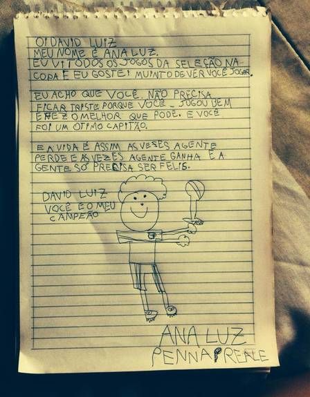 Copa 2014: Queria entregar a cartinha para ele, diz menina que escreveu mensagem para David Luiz