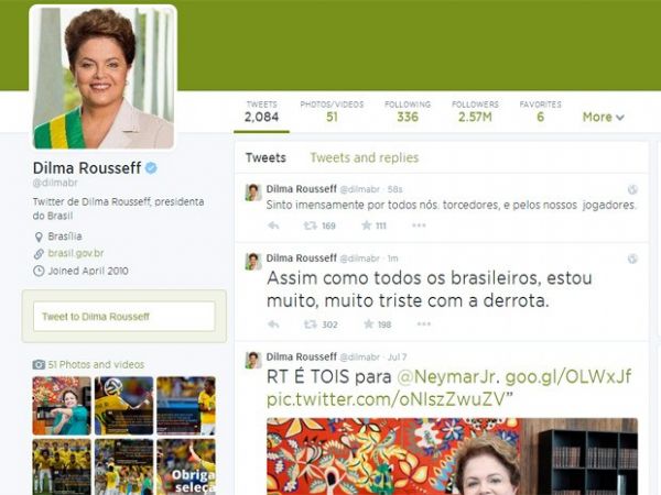 Dilma diz no Twitter que est 'muito, muito triste' com derrota do Brasil
