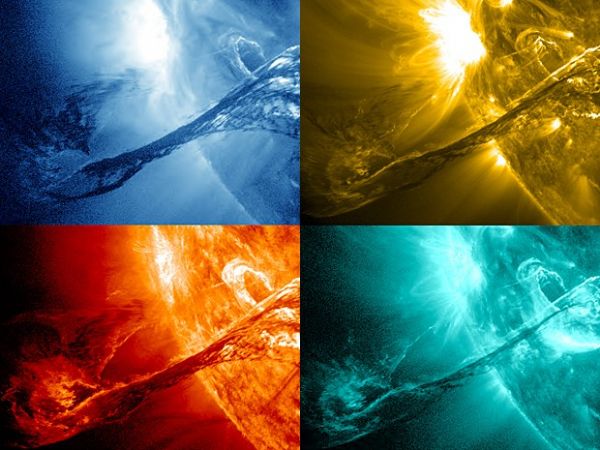 Filamento projetado do Sol  visto em quatro comprimentos de onda diferentes