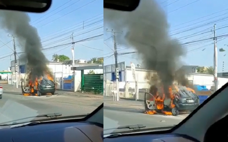 Ford Fiesta fica completamente destrudo ao pegar fogo na avenida das Torres em Cuiab; veja vdeo