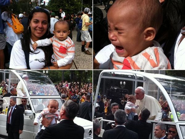Beb chora, e Papa faz parar dando um beijo; Veja fotos da Jornada no Brasil