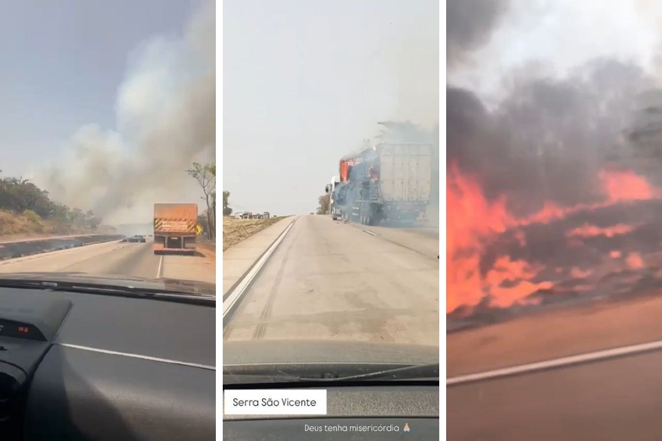 Carga de algodo pega fogo e espalha chamas s margens da BR-364 na Serra de So Vicente: vdeo