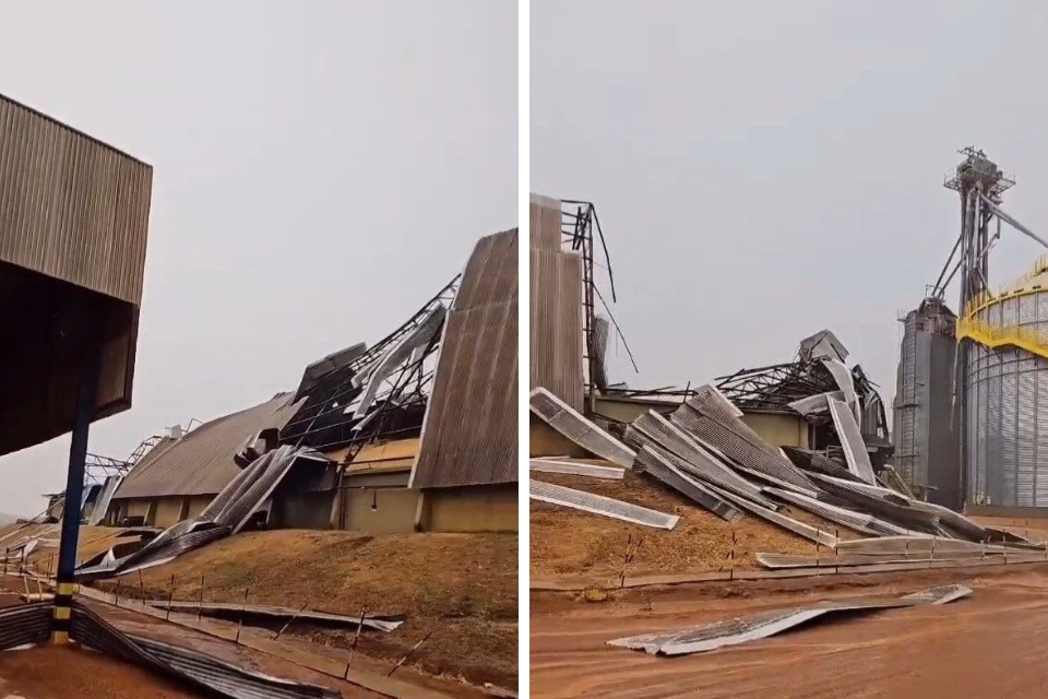 Tempestade destri armazm de gros em Brasnorte e assusta trabalhadores: veja vdeo