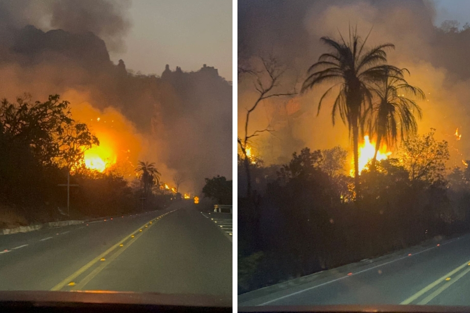 Incndio de grandes propores consome vegetao na regio do Porto do Inferno e deixa motoristas em alerta: vdeos