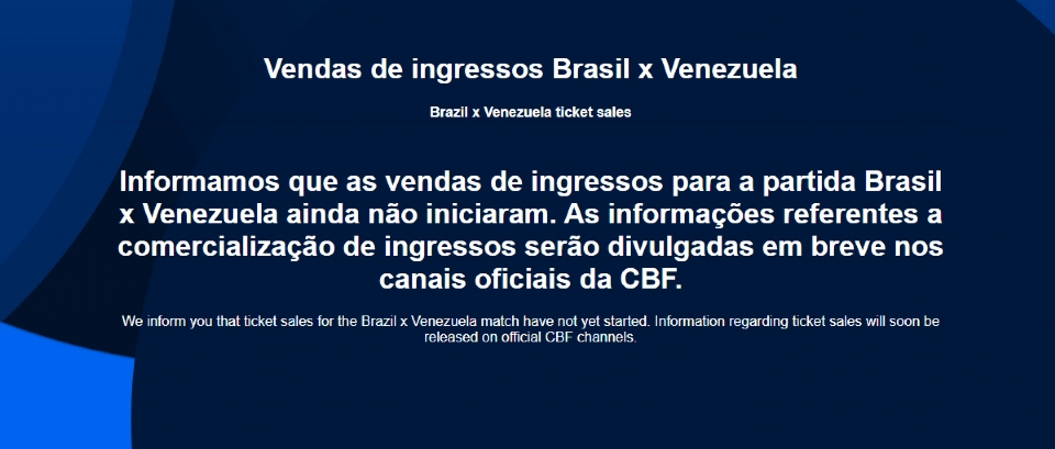 Brasil x Venezuela: ingressos à venda para partida das