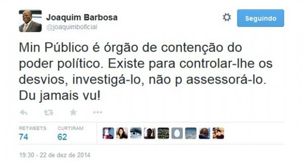 No Twitter, Barbosa diz que MPF no  'rgo de assessoria' de Dilma