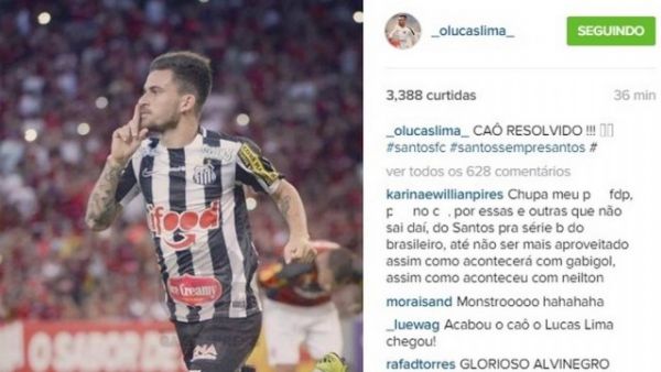 Autor do gol de empate do Santos, Lucas Lima provoca o Flamengo em rede social: Ca resolvido