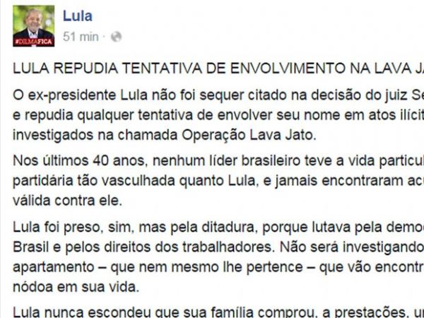 Lula protesta no Facebook contra 'tentativa' de envolv-lo com ilcitos