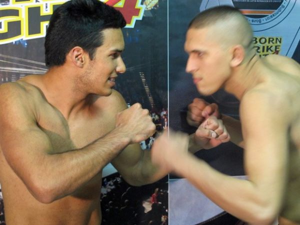 Lutadores de MMA fazem pose aps sesso de pesagem na vspera do combate