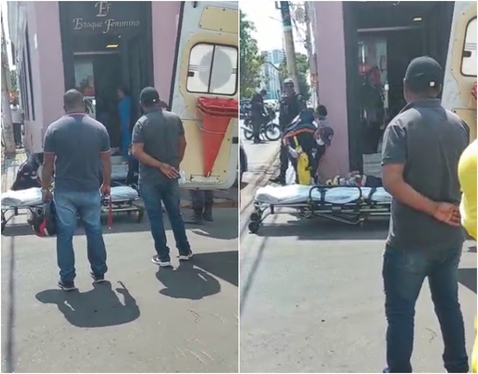 Motociclista bate em carro e  socorrida com fratura na perna no Centro de Cuiab; veja vdeo