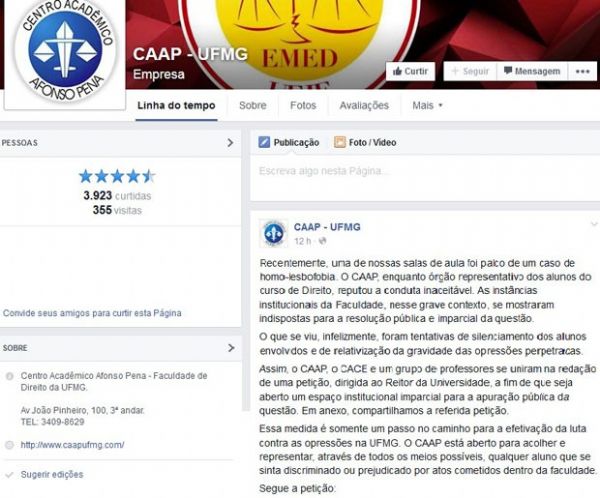 Mensagem postada no perfil do Centro Acadmico Afonso Pena (CAAP) no Facebook