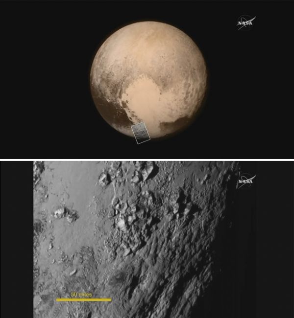 Imagem de cima mostra Pluto; imagem de baixo mostra detalhes na superfcie do planeta ano feitos durante passagem da New Horizons