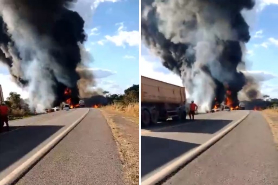 Acidente entre carretas e Montana deixa um morto e causa incndio na BR-364; veja vdeo