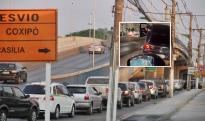 Motorista perde controle da direo e carro fica preso em grade de viaduto perto do Shopping Trs Amricas